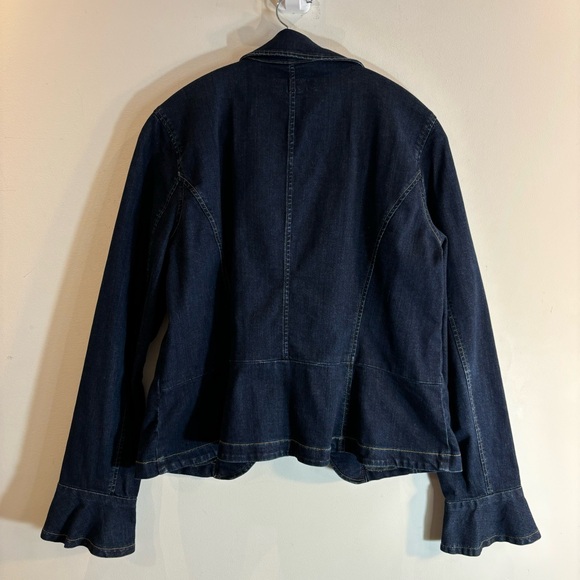 LAUREN RALPH LAUREN Sz 14 Denim Blazer Ruffle Wrist Brown Buttons Mid-Dark Wash - Picture 7 of 9